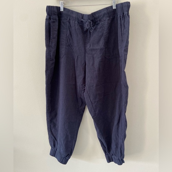 Per Se Navy Blue Linen Blend Relaxed Fit Lightweight Joggers - Picture 2 of 5